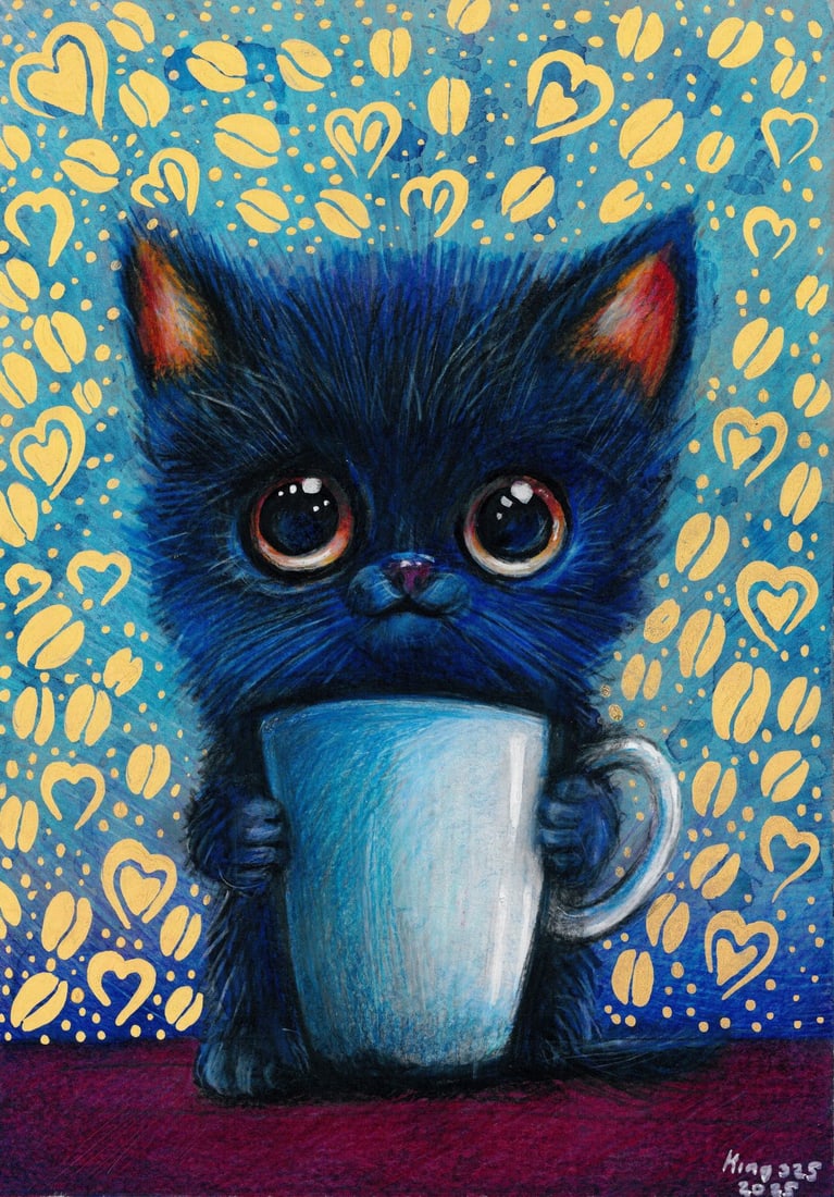 Dmytro Korol (Ukraine,20/21C) mixed media painting: ARTIST: Dmytro Korol (Ukrainian, 20/21 centuries) TITLE: Cat with Cup MEDIUM: mixed media on heavy paper CONDITION: Very good. ART SIZE: