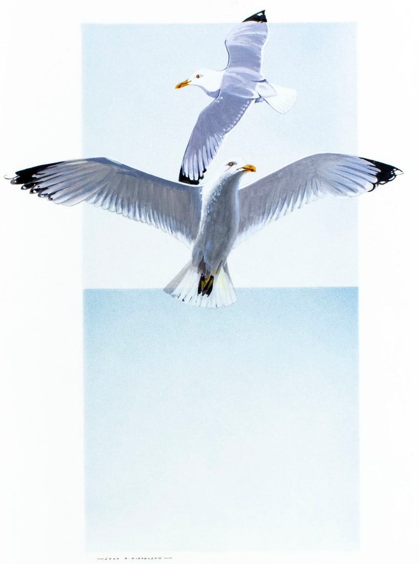 John Hobson Nicholson (UK,1911-1988) gouache painting: ARTIST: John Hobson Nicholson (United Kingdom, 1911 - 1988) TITLE: Sea Gulls (titled on verso) YEAR: 1983 MEDIUM: gouache on board CONDITION: Some dama