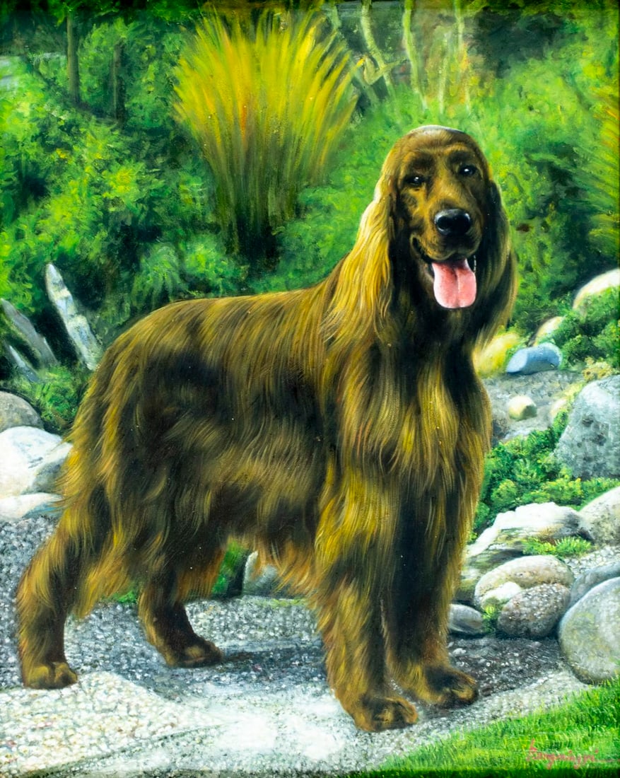 Kang Ming Yi (US,China,20C) oil painting: ARTIST: Kang Ming Yi (American, Chinese, 20 century) TITLE: Irish Setter Dog MEDIUM: oil on canvas CONDITION: Minor paint losses. No visible inpaint under UV light. Wear to