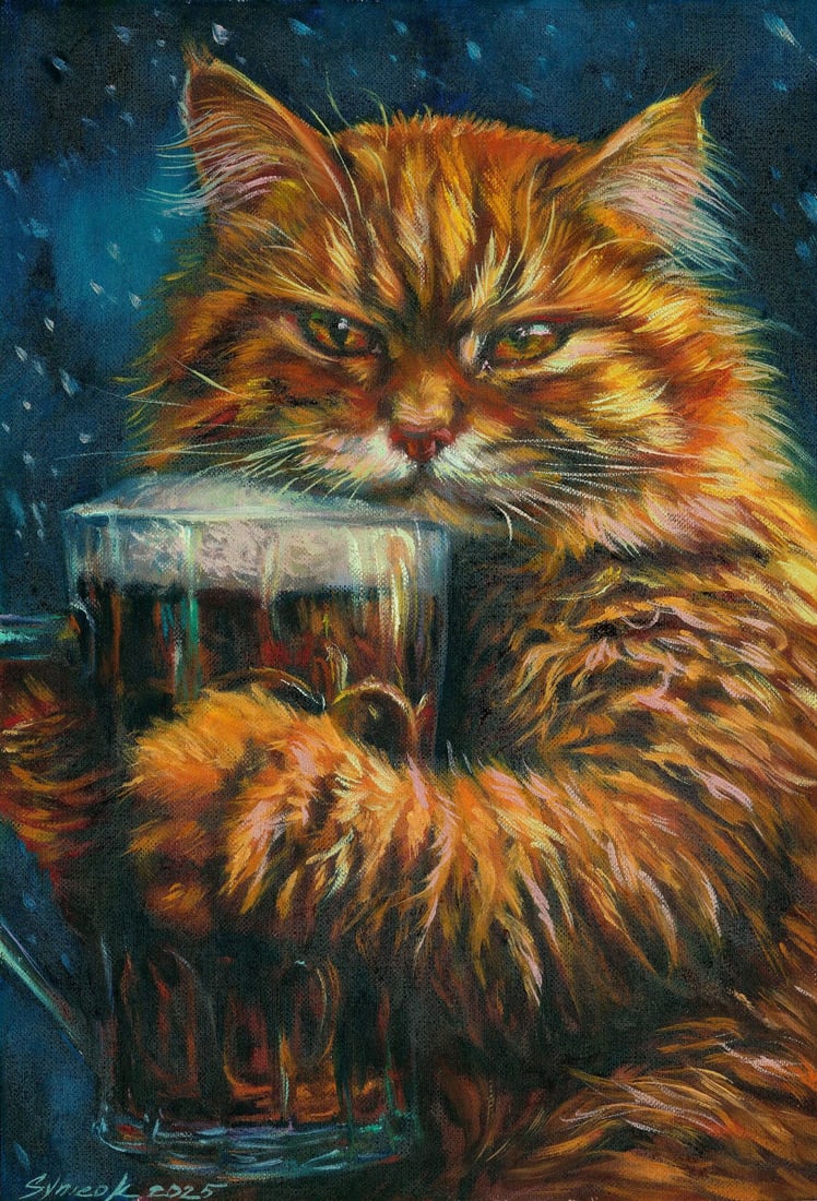 Tatiana Synieok (Ukraine,20/21C) oil painting: ARTIST: Tatiana Synieok (Ukrainian, 20/21 centuries) TITLE: Cat with Beer MEDIUM: oil on heavy paper CONDITION: Very good. No visible inpaint under UV light.