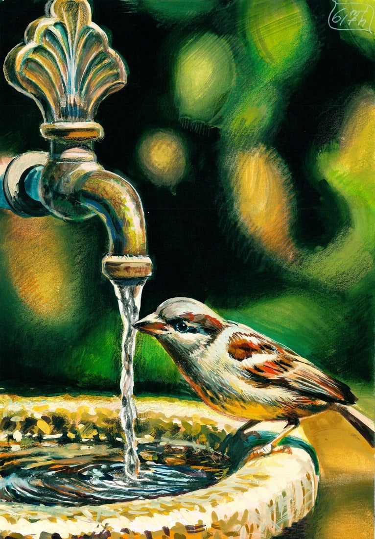 Halyna Yeromenko Afana (Ukraine,20/21C) acrylic painting: ARTIST: Halyna Yeromenko Afana (Ukrainian, 20/21 centuries) TITLE: Sparrow Bird MEDIUM: acrylic on heavy paper CONDITION: Very good. ART SIZE: