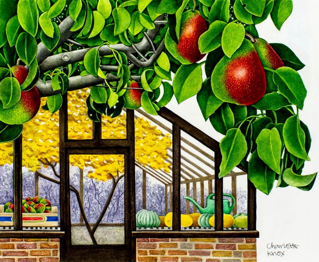 Charlotte Knox (UK,b 1951) watercolor painting: ARTIST: Charlotte Knox (United Kingdom, born 1951) TITLE: Autumn - Pears (titled on verso) YEAR: 1993 MEDIUM: watercolor on board CONDITION: Minor damage