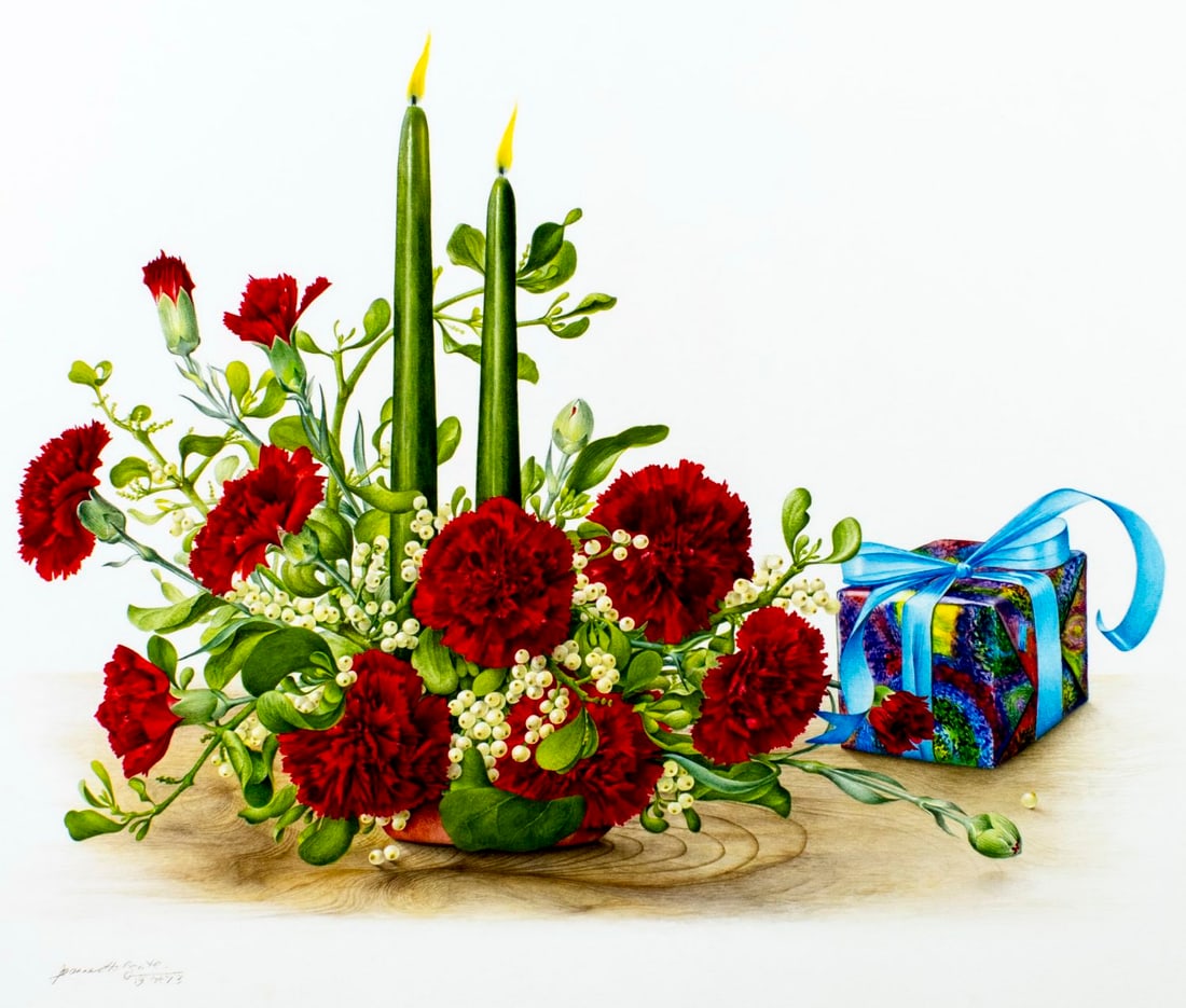 Jeanne Holgate (UK,1920-2010) watercolor painting: ARTIST: Jeanne Holgate (United Kingdom, 1920 - 2010) TITLE: Still Life with Candles and Giftbox YEAR: 1973 MEDIUM: watercolor on board CONDITION