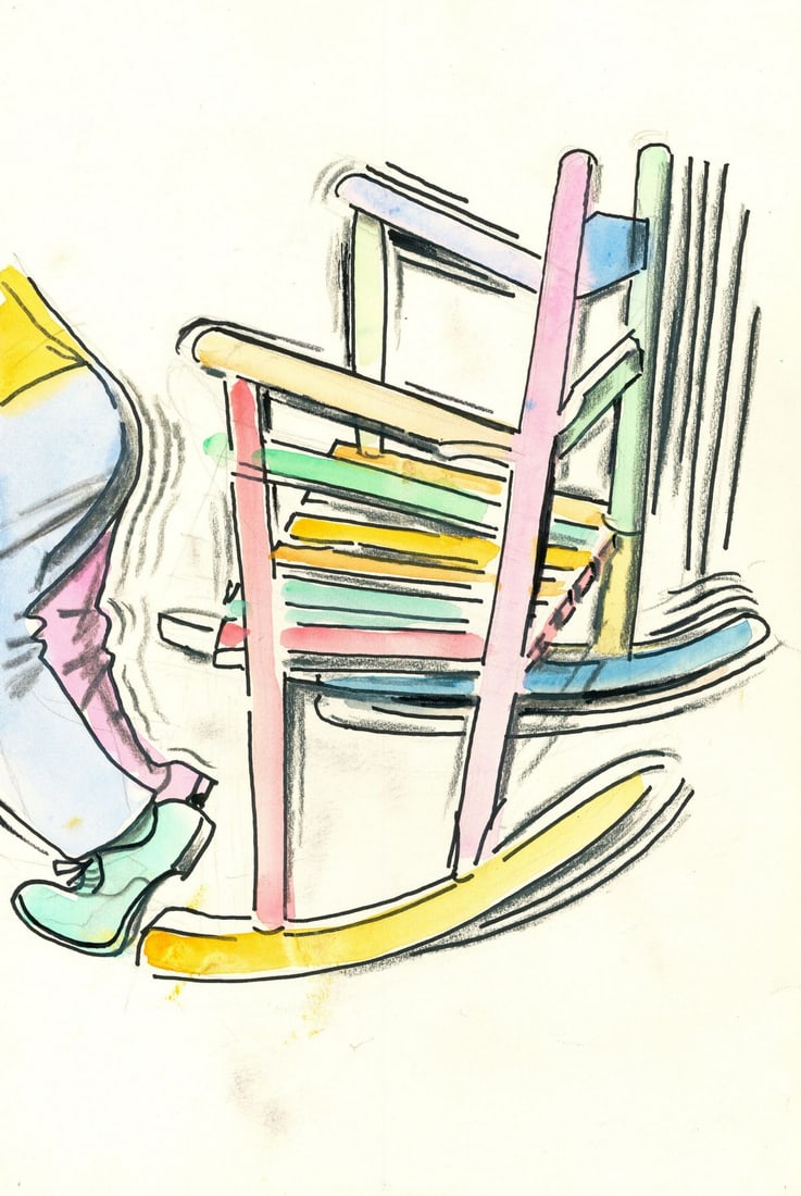 Hal Poth (MO,1924-2017) watercolor painting: ARTIST: Harold Ernst Poth (Missouri, 1924 - 2017) TITLE: Chair MEDIUM: watercolor on heavy paper CONDITION: Few pinholes by the corners. Minor age toning. <