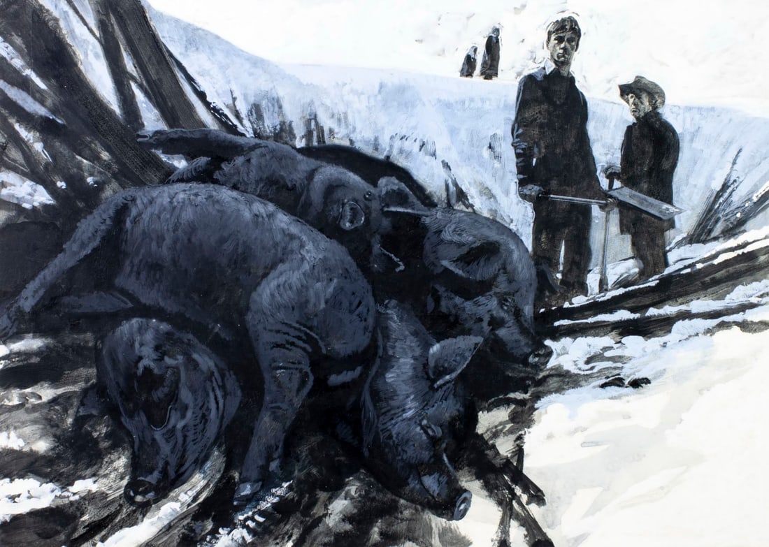 Edward Vebell (IL,1921-2018) gouache painting: ARTIST: Edward T Vebell (Illinois, 1921 - 2018) TITLE: Outdoor Scene MEDIUM: gouache on board CONDITION: Few minor scratches/paint losses. Some foxing.