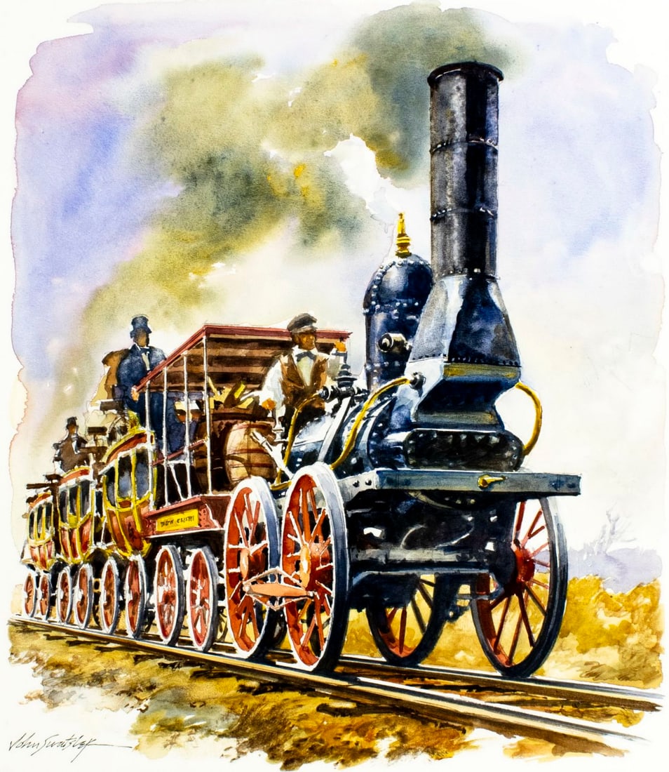John Swatsley (CA,1937-?) watercolor painting: ARTIST: John Swatsley (California, 1937 - ???) TITLE: DeWitt Clinton Locomotive (titled on verso) YEAR: 1986 MEDIUM: watercolor on board CONDITI