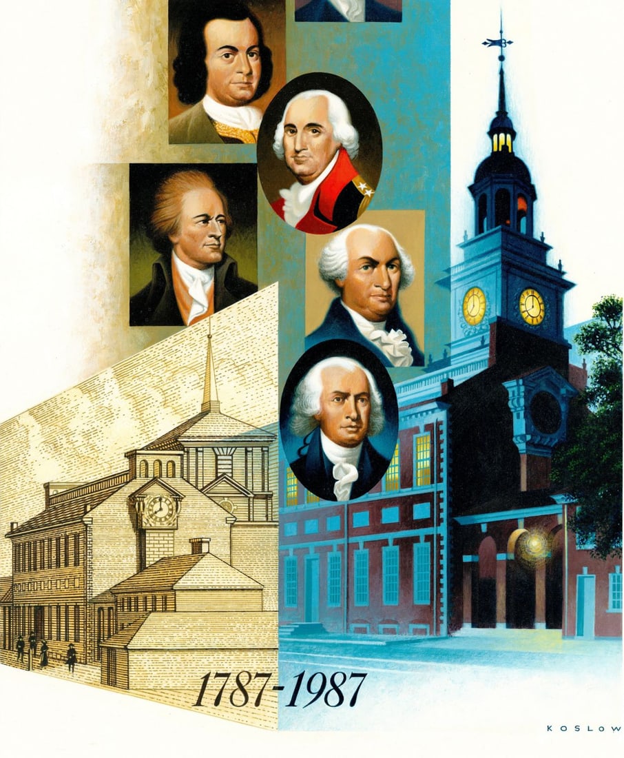 Howard Koslow (NJ,NY,1924-2016) oil painting: ARTIST: Howard Bertram Koslow (New Jersey, New York, 1924 - 2016) TITLE: Constitution Convention (titled on verso) YEAR: 1987 MEDIUM: oil on board