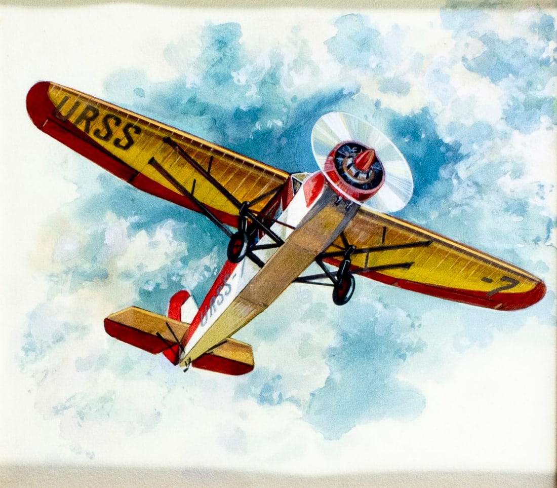 Evgeny Aniskin (Russia,1925-2002) gouache painting: ARTIST: Evgeny Dimitrievich Aniskin (Russian, 1925 - 2002) TITLE: Airplane Stal-2, 1931 YEAR: 1980 MEDIUM: gouache on paper. Paper applied to board. CONDITION:<