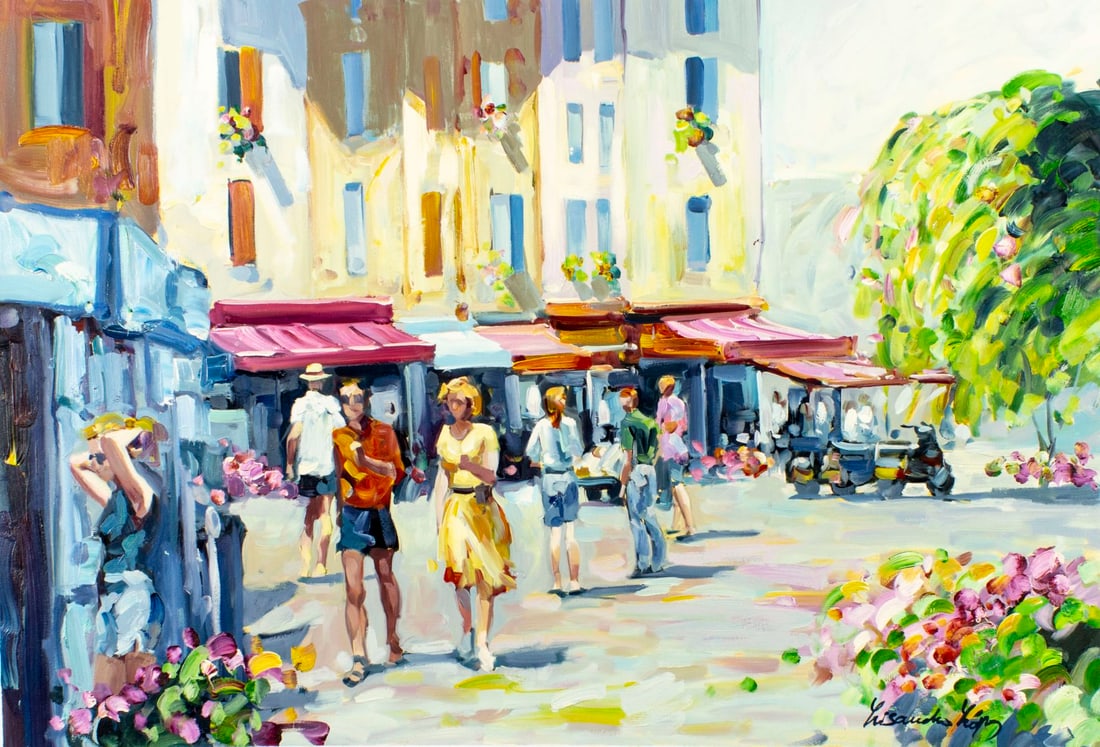 Lisandro Baylon (Argentina,US,1951-?) oil painting: ARTIST: Lisandro Lopez Baylon (Argentinian, American, 1951 - ???) TITLE: Street Scene MEDIUM: oil on canvas CONDITION: Unstretched (In-House stretching availab