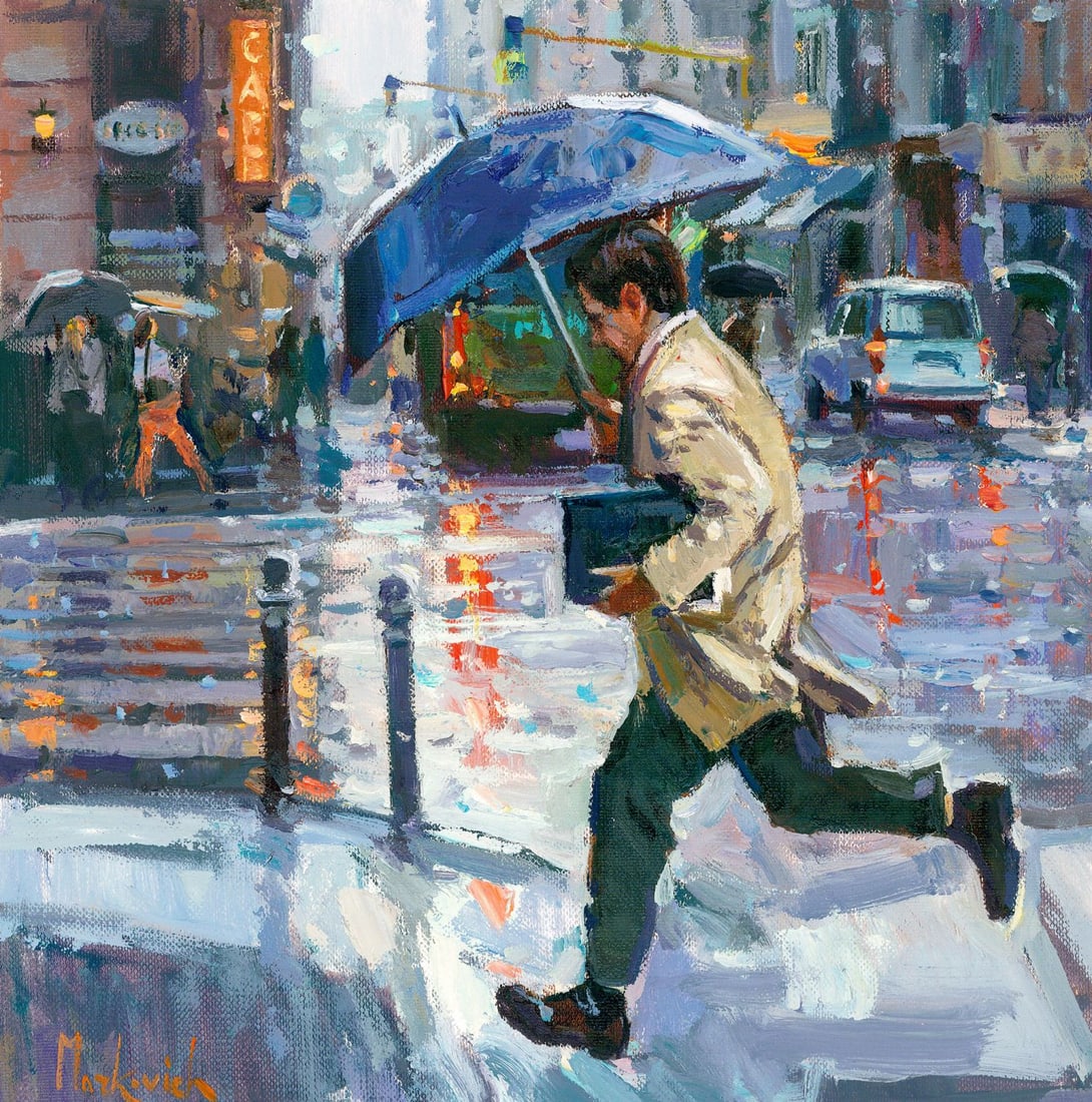 Olena Markovych (Ukraine,b 1987) oil painting: ARTIST: Olena Markovych (Ukrainian, born 1987) TITLE: Rainy Cityscape MEDIUM: oil on heavy paper CONDITION: Very good. No visible inpaint under UV light.