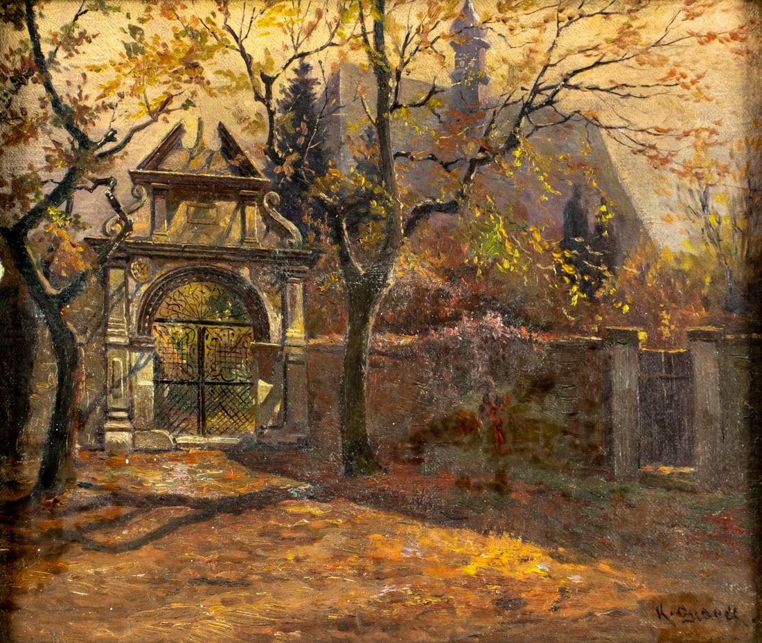 Antique 19C European oil painting signed: ARTIST: - (Europe, 19 century) TITLE: Autumn Landscape with Mansion MEDIUM: oil on canvas CONDITION: Some paint losses mostly by the left edge. No visible inpa