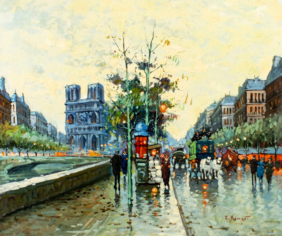 A Bouget (France,20C) oil painting: ARTIST: A Bouget (French, 20 century) TITLE: Paris Cityscape, France MEDIUM: oil on canvas CONDITION: Unstretched (In-House stretching available) (In-House stretching availa