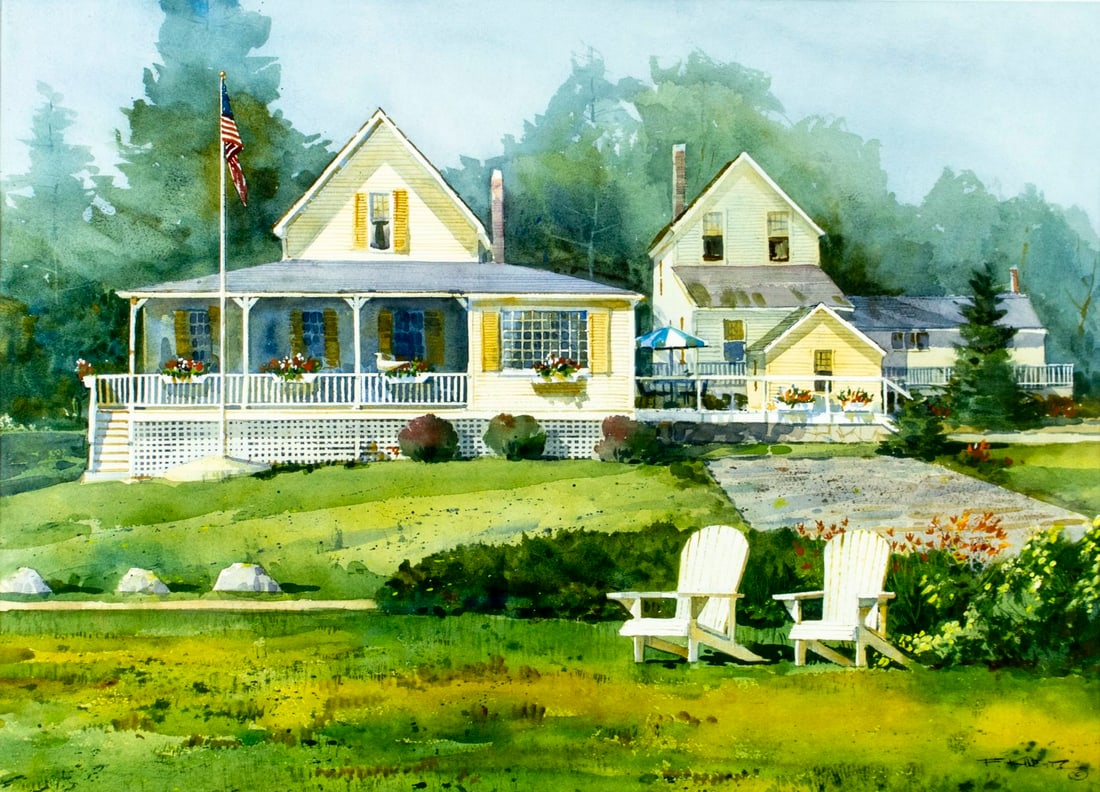 Frederick Kubitz (MA,20/21C) watercolor painting: ARTIST: Frederick Fritz Kubitz (Massachusetts, 20/21 centuries) TITLE: Town Scene, Ocean Point, ME (titled on label) MEDIUM: watercolor on paper CONDITION: Very