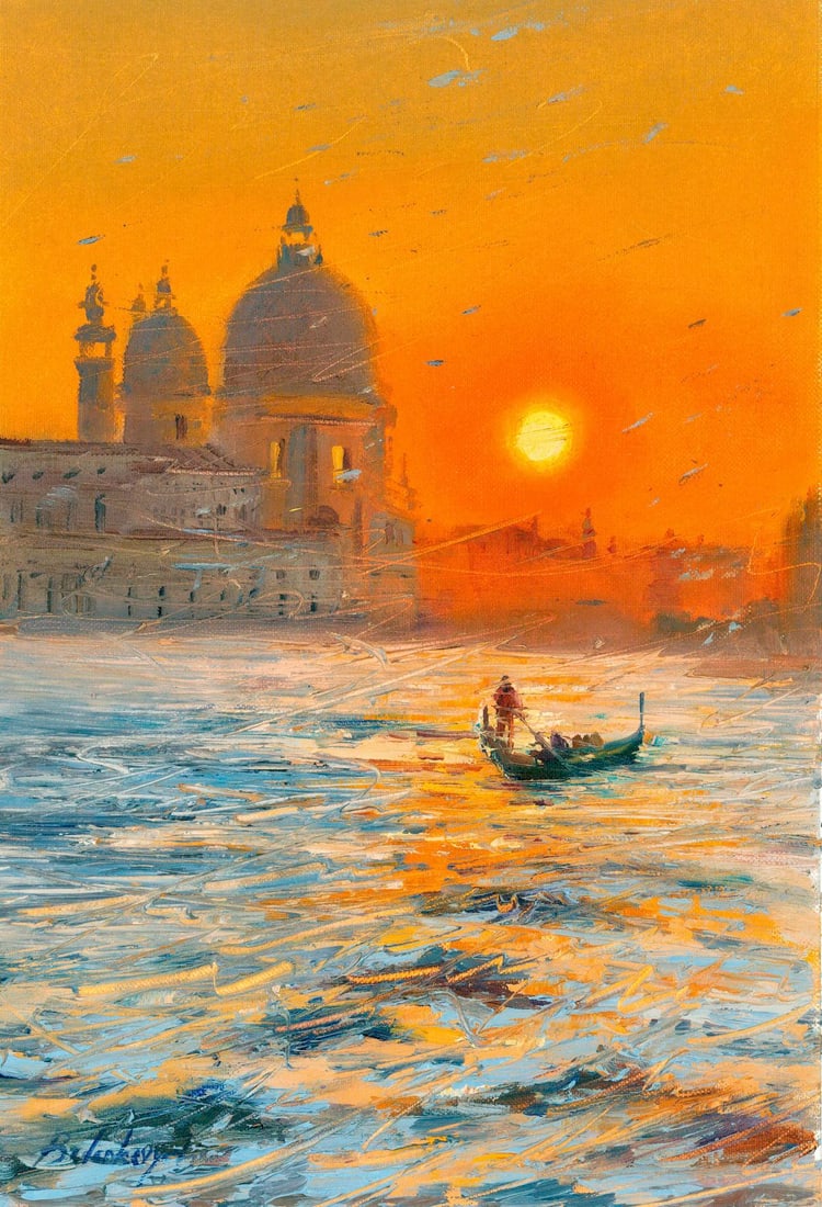 Volodymyr Budenkevych (Ukraine,20/21C) oil painting: ARTIST: Volodymyr Budenkevych (Ukrainian, 20/21 centuries) TITLE: Sunset Venice Cityscape, Italy MEDIUM: oil on heavy paper CONDITION: Very good. No visible inpa