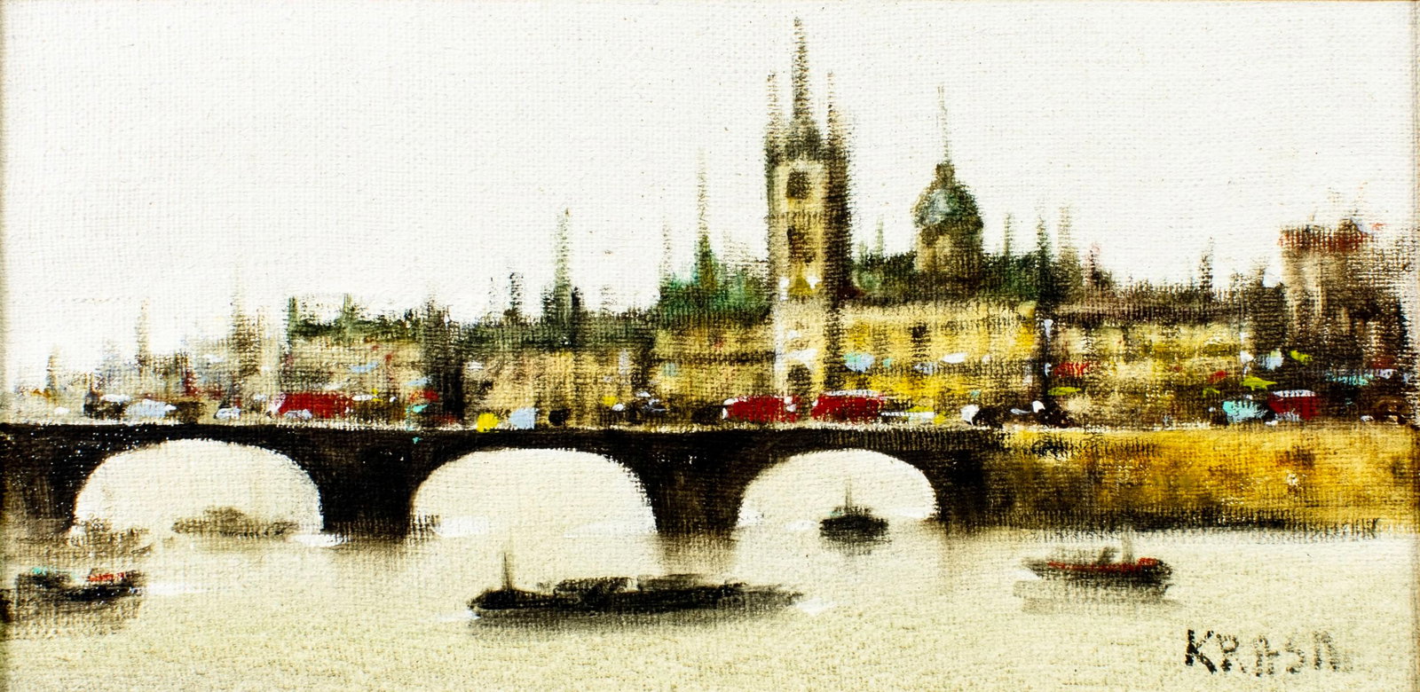 Krasa (Europe,mid 20C) oil painting: ARTIST: Krasa (European, mid 20 century) TITLE: Bridge Cityscape MEDIUM: oil on canvas CONDITION: Overall good. No visible inpaint under UV light. Minor damages to frame.