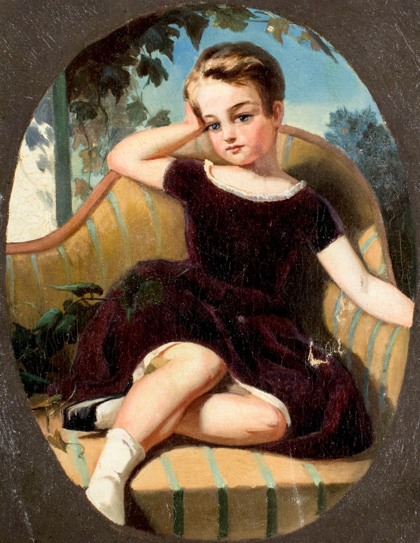 Antique 19C European oil painting: ARTIST: - (Europe, 19 century) NAME: Girl Seated on Chair YEAR: 19 century MEDIUM: oil on canvas CONDITION: Some patches and tears. Minor craquelure. Some