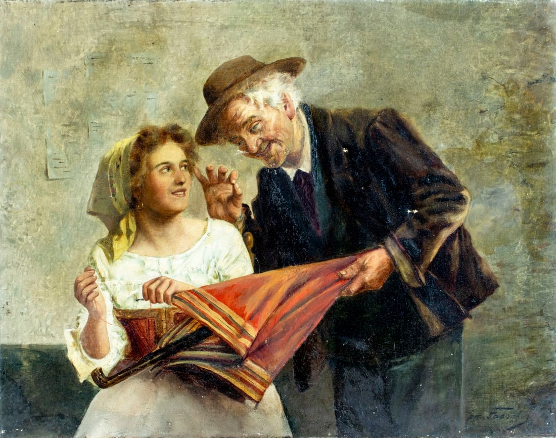 P Fossali (Italy,19C) oil painting antique: ARTIST: P Fossali (Italian, 19 century) TITLE: Woman Mending Umbrella MEDIUM: oil on canvas CONDITION: Relined. Some scratches/paint losses. Minor craquelure. Some scattered