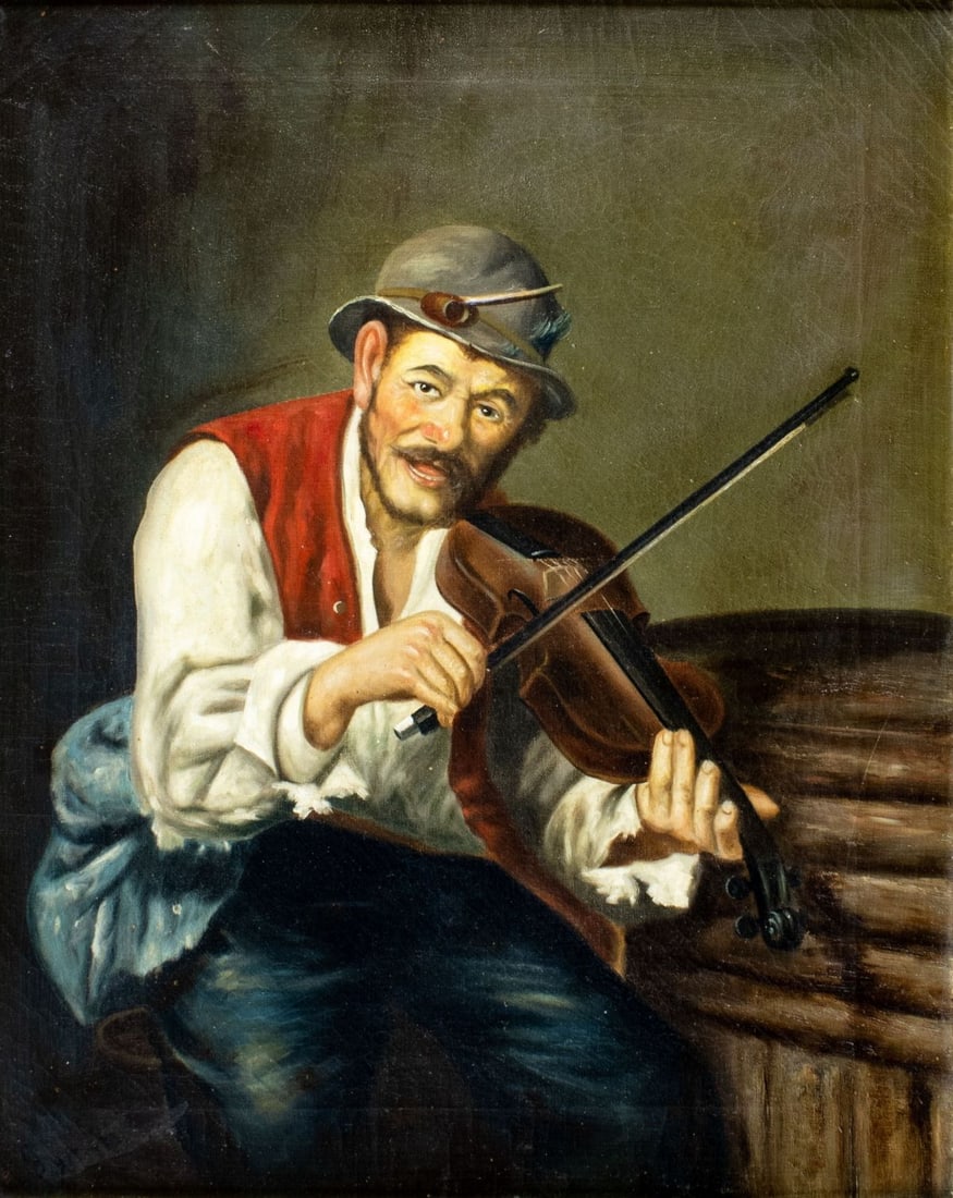 Syrini (US,early 20C) oil painting antique: ARTIST: Syrini (American, early 20 century) TITLE: Violin Player MEDIUM: oil on canvas CONDITION: Few minor scratches/paint losses. Some craquelure. Some scattered inpainti