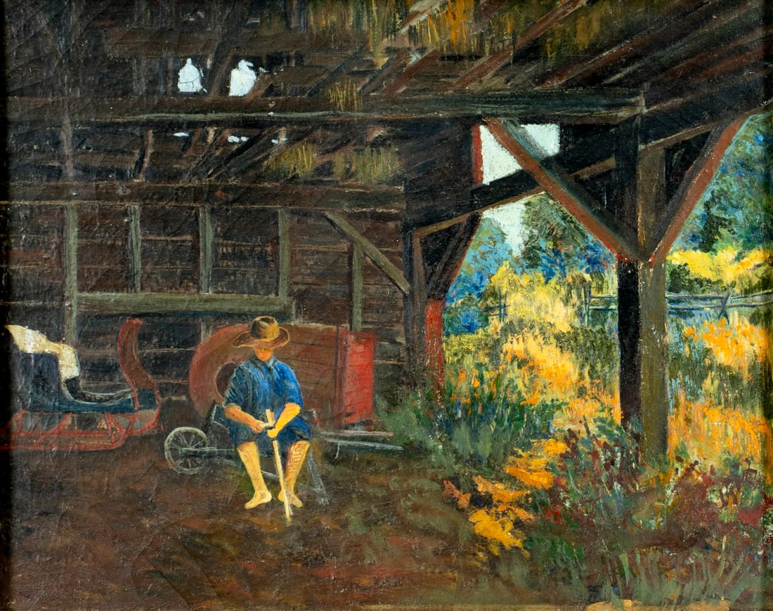 Antique early 20C American oil painting: ARTIST: - (American, early 20 century) TITLE: Barn Scene MEDIUM: oil on canvas CONDITION: Some scratches/paint losses. Some craquelure. No visible inpaint unde