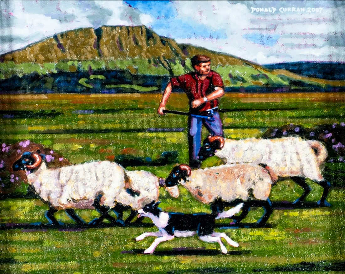 Donald Curran (MO,b 1955) oil painting: ARTIST: Donald Curran (Missouri, born 1955) TITLE: Sheep Herder, Co Sligo, Ireland (titled on verso) YEAR: 2007 MEDIUM: oil on canvas board CONDITION: Ve