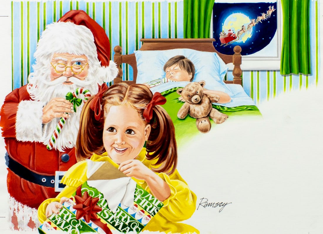 Bill Ramsey (US,b 1951) mixed media painting: ARTIST: Bill Ramsey (American, born 1951) TITLE: Santa with Children (titled on verso) YEAR: 1984 MEDIUM: mixed media on board CONDITION: