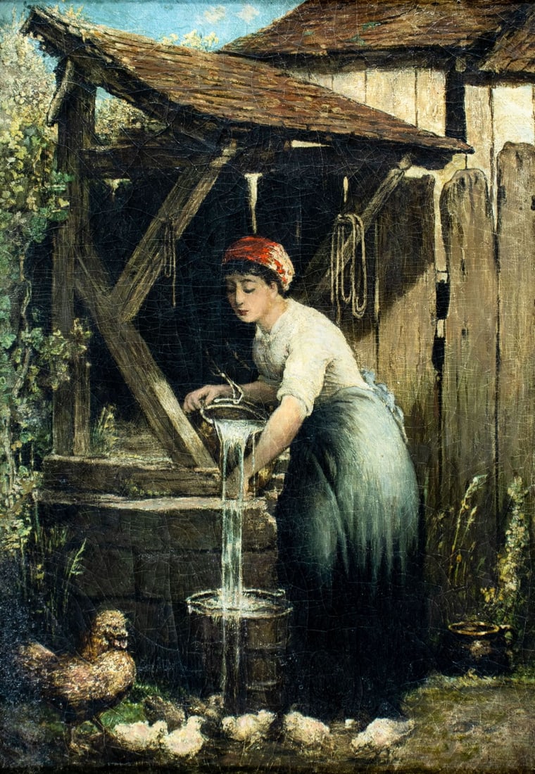 Antique 19C European oil painting: ARTIST: - (Europe, 19 century) TITLE: Peasant Woman by the Well MEDIUM: oil on canvas CONDITION: Relined. Minor scratches/paint losses. Some craquelure. Some scattered in