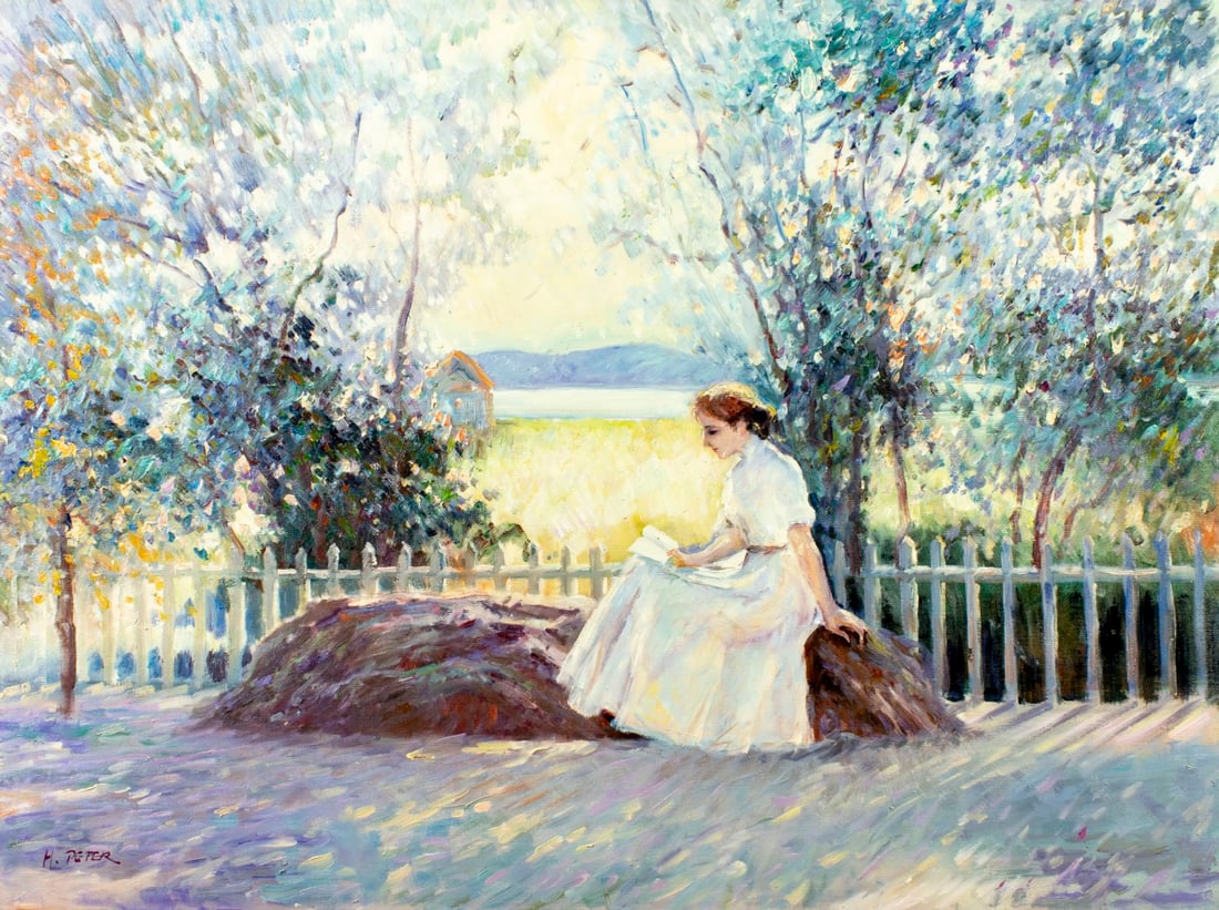 Peter Ho (US,b 1953) oil painting: ARTIST: H Peter (European, 20 century) TITLE: Woman Reading Letter MEDIUM: oil on canvas CONDITION: Unstretched (In-House stretching available) (In-House stretching availabl