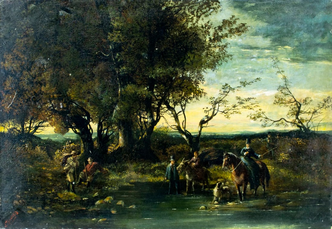 Guillaume Regamey (France,1837-1875) oil painting antique: ARTIST: Guillaume Regamey (French, 1837 - 1875) TITLE: Crossing the River (titled on label) MEDIUM: oil on canvas CONDITION: Relined. Restretched. Some damages to canvas a
