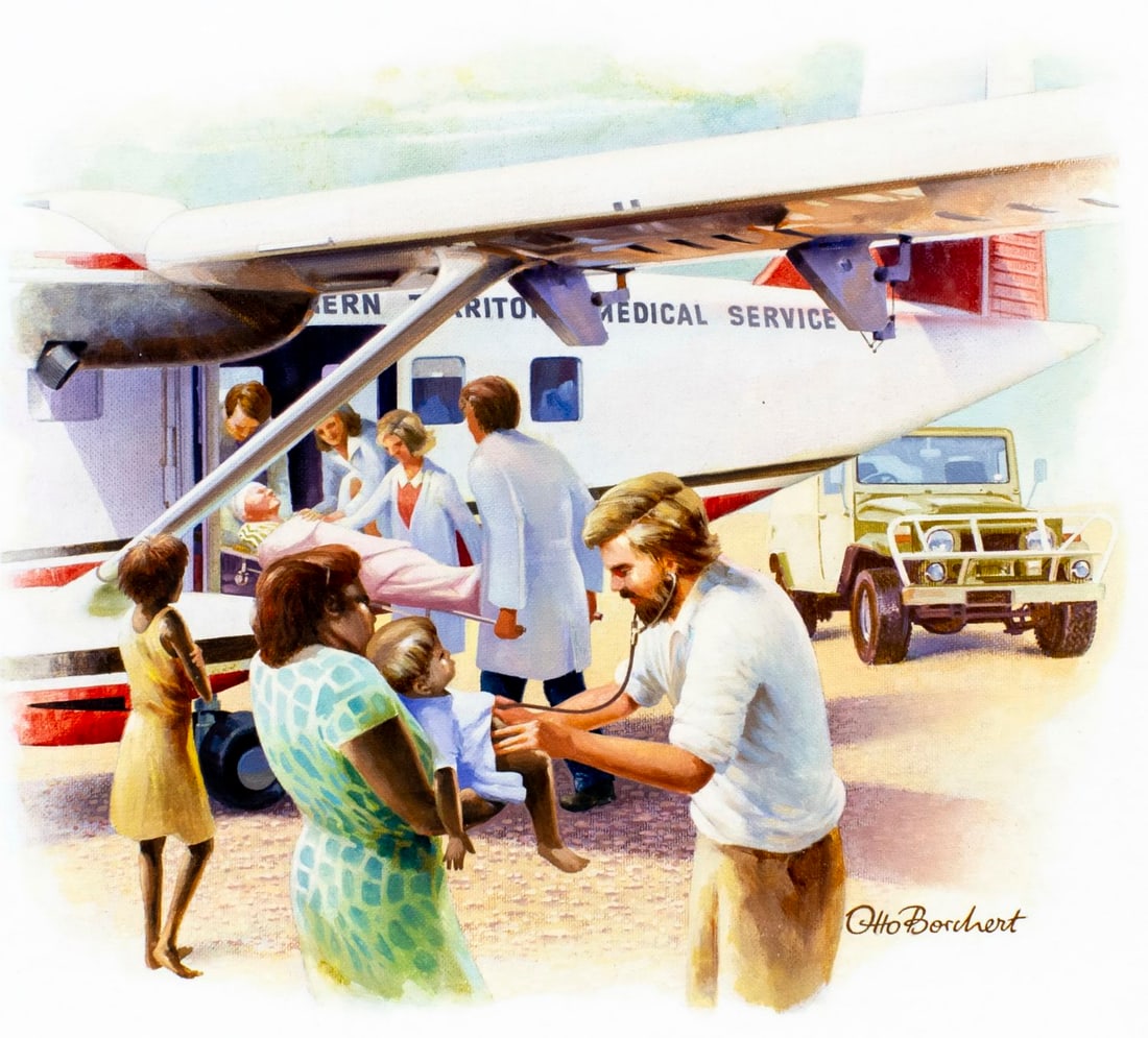 Otto Borchert (Australia,20C) oil painting: ARTIST: Otto Borchert (Australian, 20 century) TITLE: Australian Aircraft Nomad (titled on verso) YEAR: 1980 MEDIUM: oil on canvas board CONDITION: Overa