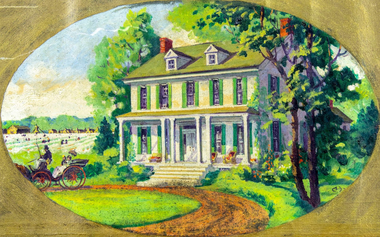 Antique early 20C American oil painting signed: ARTIST: - (American, early 20 century) TITLE: Cottage Scene MEDIUM: oil on canvas CONDITION: Few small patches repaired tears and punctures with corresponding