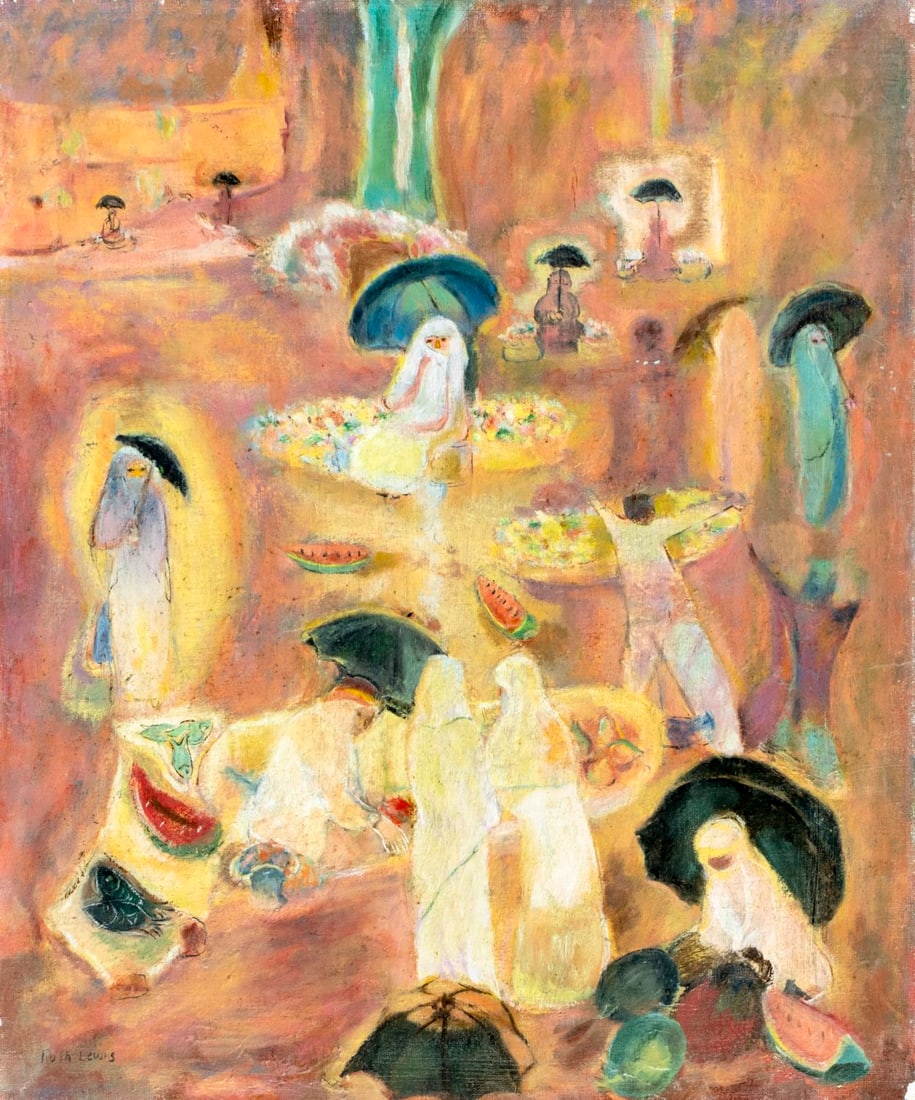 Ruth Lewis (NY,1905-1963) oil painting: ARTIST: Ruth Lewis (New York, 1905 - 1963) TITLE: Tangier Market, Marocco (titled on verso) MEDIUM: oil on canvas CONDITION: Few small paint losses. No visible