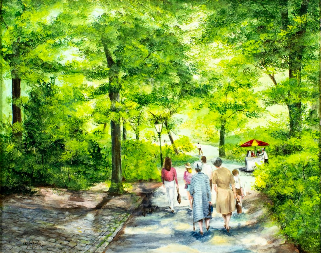 Jere Henry (US,20C) oil painting: ARTIST: Jere Henry (American, 20 century) TITLE: Park Scene YEAR: 1974 MEDIUM: oil on board CONDITION: Few small paint losses. Some scatt