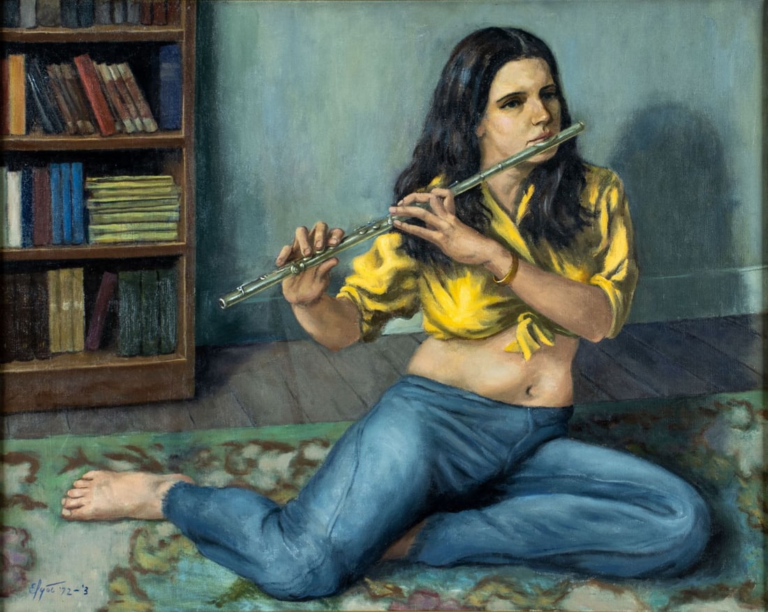 Elyot Henderson (ME,NJ,1908-1975) oil painting: ARTIST: Elyot Henderson (Maine, New Jersey, 1908 - 1975) TITLE: The Flute Player YEAR: 1973 MEDIUM: oil on canvas CONDITION: One small scratch along th