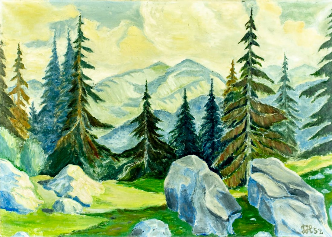 Vintage mid 20C Danish oil painting signed: ARTIST: - (Denmark, mid 20 century) TITLE: Mountain Landscape YEAR: 1952 MEDIUM: oil on canvas CONDITION: Few pinholes by the lower left corner. Some p