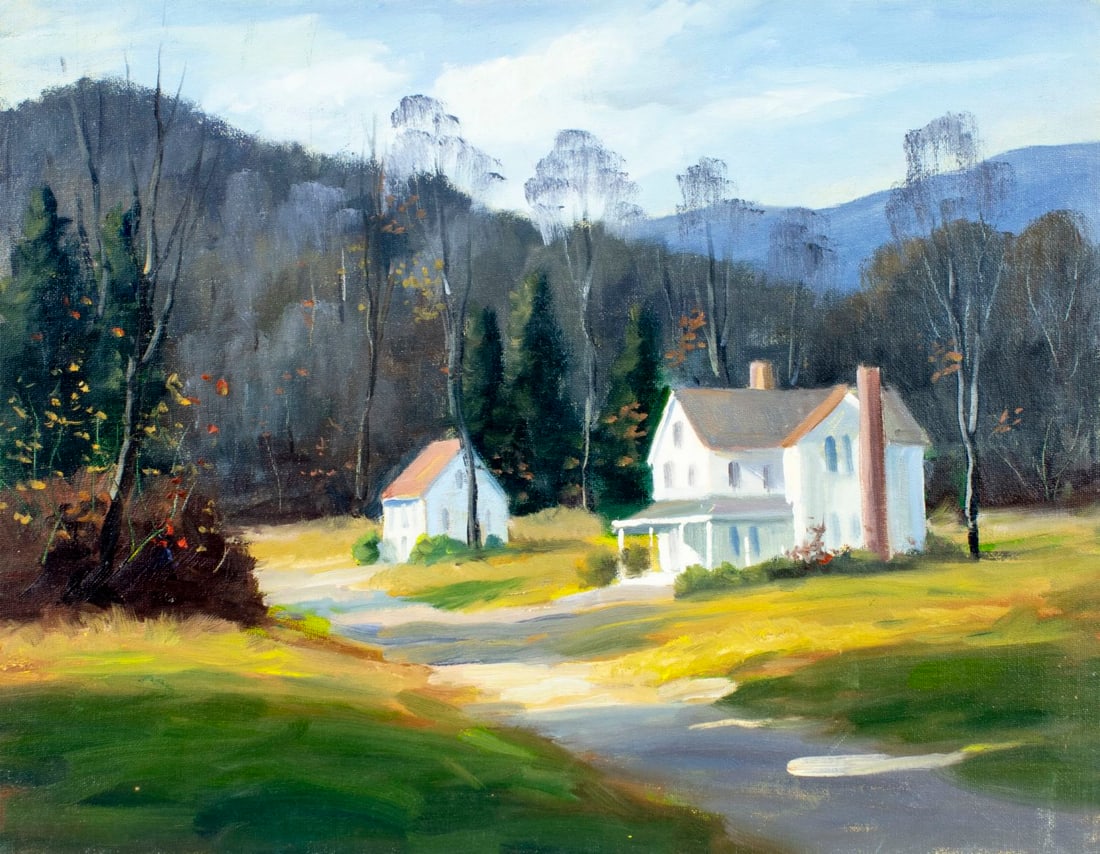 George Holloway (NJ,20C) oil painting: ARTIST: George Holloway (New Jersey, 20 century) TITLE: Hilly Landscape with Mansions MEDIUM: oil on canvas board CONDITION: Few minor scratches/paint losses. No visible inp