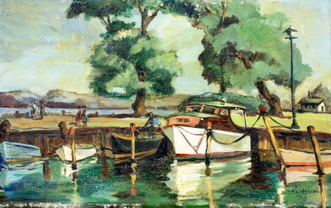 Heinrich (Europe,mid 20C) oil painting: ARTIST: Heinrich (European, mid 20 century) TITLE: Harbor Scene YEAR: 1953 MEDIUM: oil on board CONDITION: Some paint losses. Some craquelure. No visible