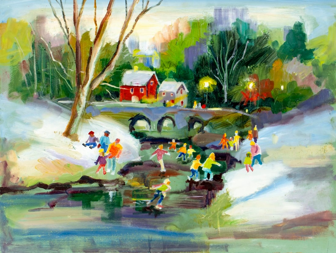 John Reilly (NY,NJ,1942-2021) oil painting: ARTIST: John Reilly (New York, New Jersey, 1942 - 2021) TITLE: Winter Cityscape with Skaters MEDIUM: oil on board CONDITION: Some scratches. No visible inpaint