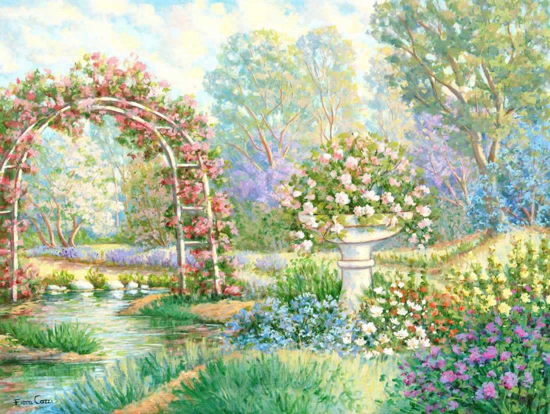 Fiora Cozzi (NY,1922-1992) oil painting: ARTIST: Fiora Cozzi (New York, 1922 - 1992) TITLE: Garden Landscape MEDIUM: oil on canvas CONDITION: Unstretched (In-House stretching available). Very good. No