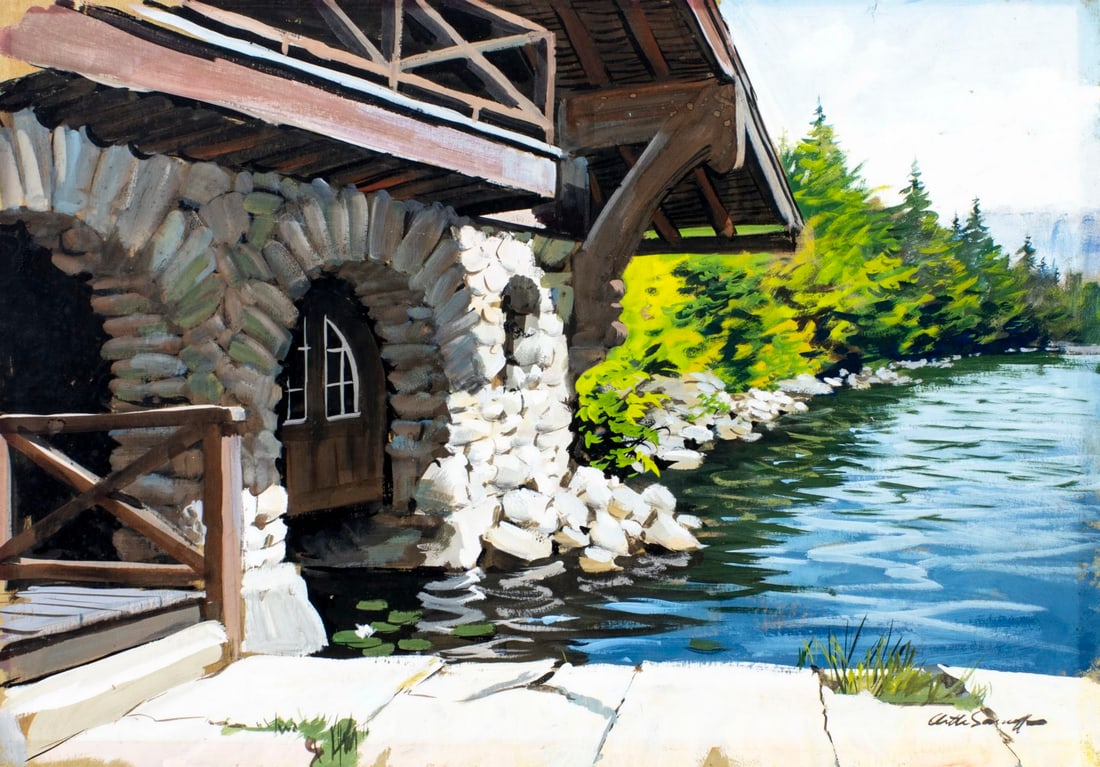 Arthur Sarnoff (NY,1912-2000) gouache painting: ARTIST: Arthur Saron Sarnoff (New York, 1912 - 2000) TITLE: Lake Landscape MEDIUM: gouache on board CONDITION: Few minor scratches/paint losses. Some small watermarks. Min