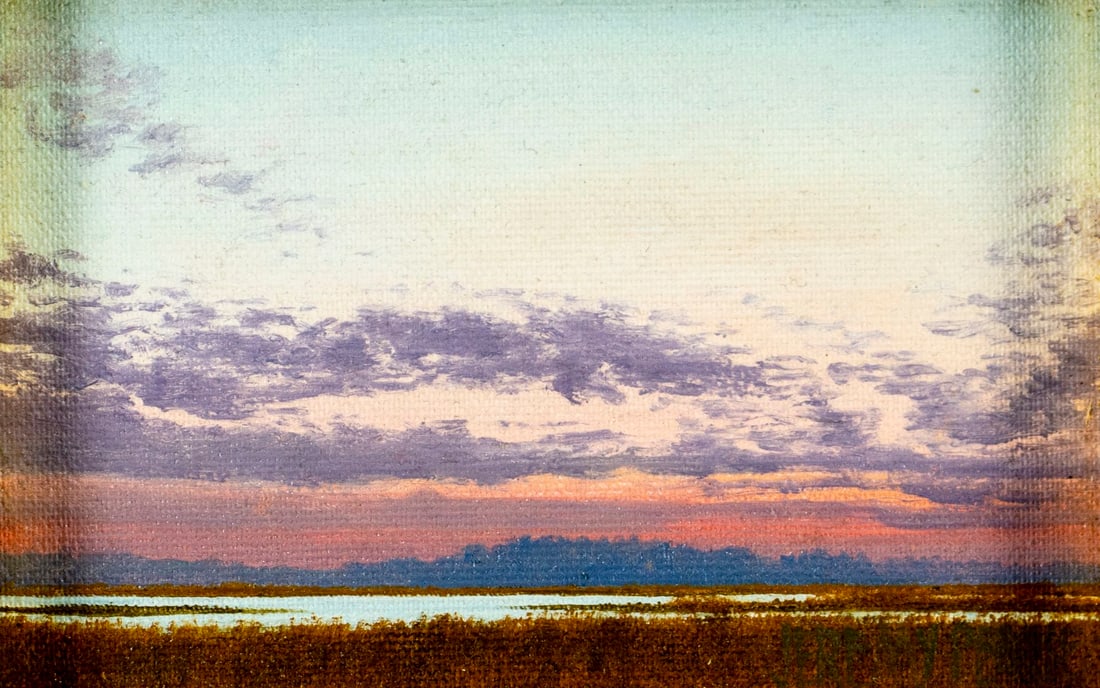 Jeremy Pearse (MD,20/21C) oil painting: ARTIST: Jeremy Pearse (Maryland, 20/21 centuries) TITLE: Landscape - Sundown at Blackwater YEAR: 2011 MEDIUM: oil on canvas. Canvas applied to board.