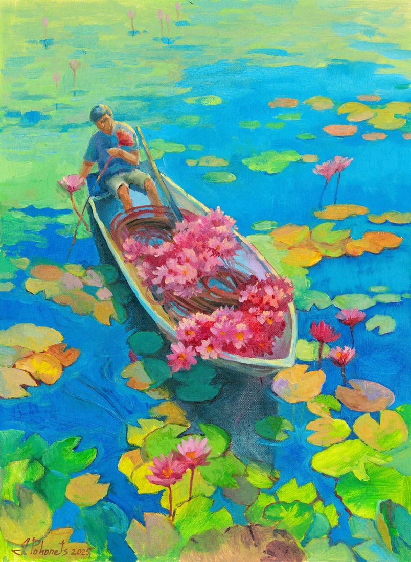 Ivana Pohonets (Ukraine,20/21C) oil painting: ARTIST: Ivana Pohonets (Ukrainian, 20/21 centuries) TITLE: Pond Landscape with Boat MEDIUM: oil on heavy paper CONDITION: Very good. No visible inpaint under UV