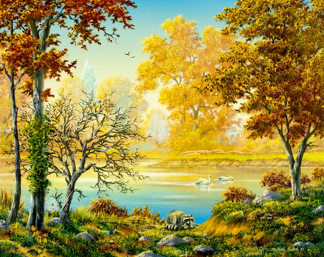 Michael Fishel (US,20C) oil painting: ARTIST: Michael Fishel (American, 20 century) TITLE: Autumn River Landscape with Swans YEAR: 1982 MEDIUM: oil on canvas CONDITION: Unstretched (In-House