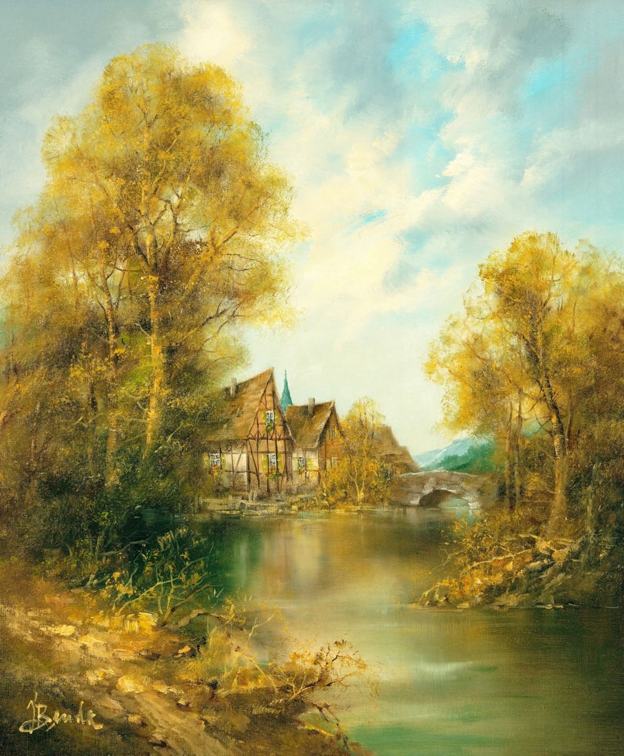 Josef Benda (German,1937-?) oil painting: ARTIST: Josef Benda (Germany, 1937 - ???) TITLE: River Village Landscape MEDIUM: oil on canvas CONDITION: Unstretched (In-House stretching available). Overall