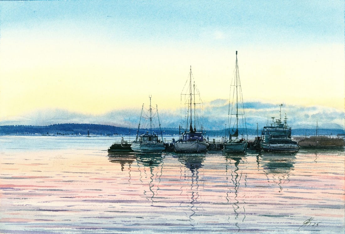 Yana Karpenko (Ukraine,20/21C) watercolor painting: ARTIST: Yana Karpenko (Ukrainian, 20/21 centuries) TITLE: Sunset Harbor Scene MEDIUM: watercolor on heavy paper CONDITION: Very good. ART SIZE: