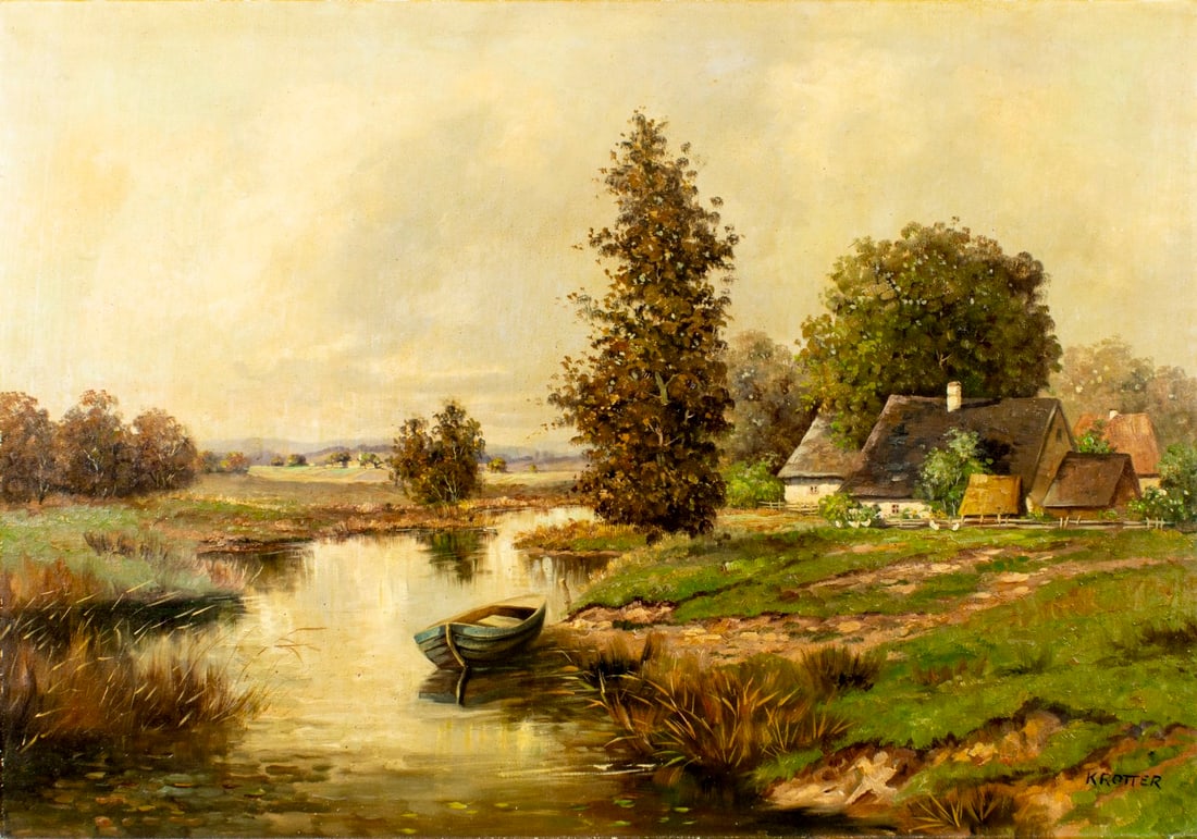 Josef Krotter (Austria,1894-?) oil painting: ARTIST: Josef Krotter (Austrian, 1894 - ???) TITLE: Village River Landscape MEDIUM: oil on canvas CONDITION: Few small damages to the upper edge of the canvas. S