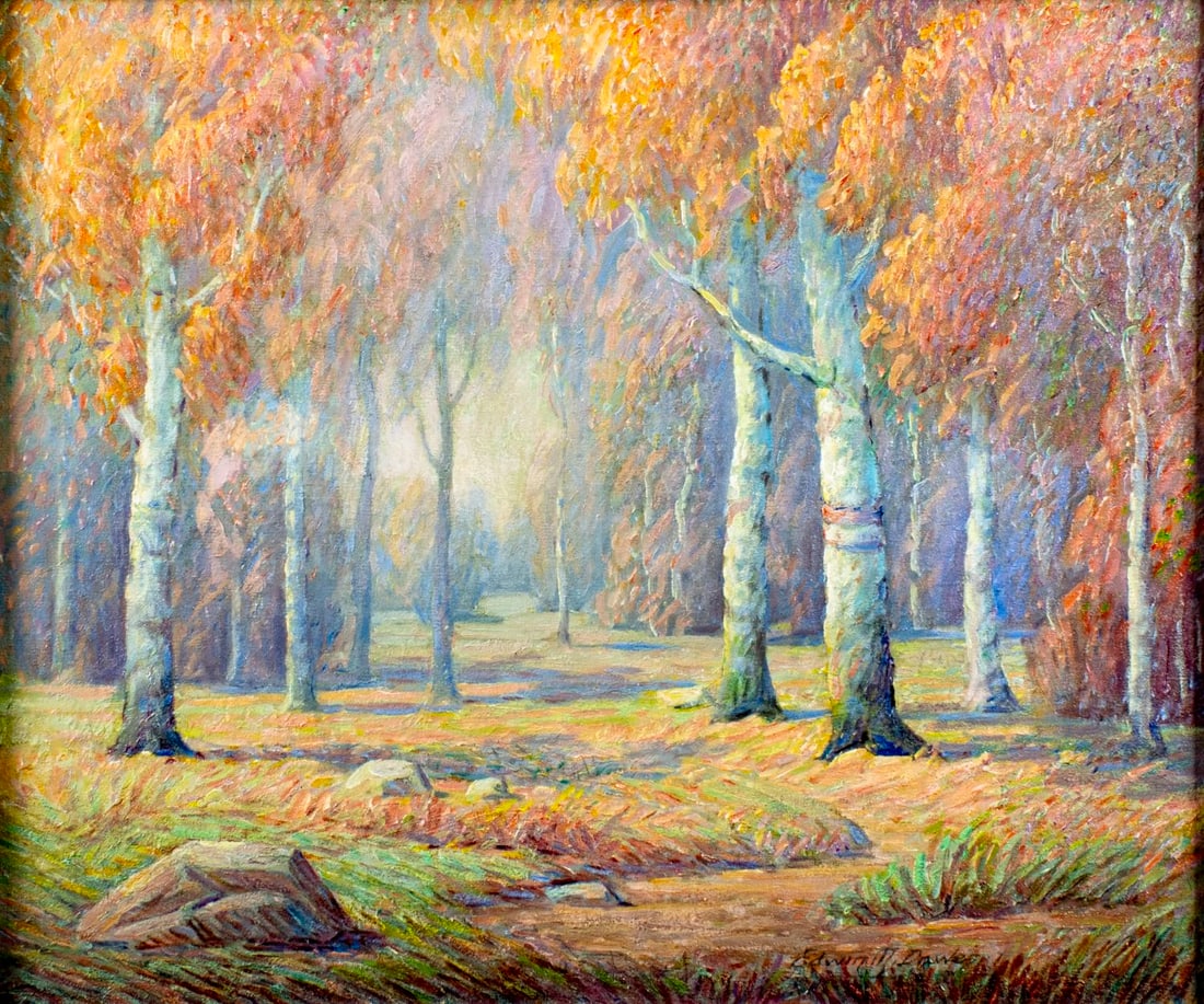 Edwin Dawes (CA,NV,IA,1872-1945) oil painting antique: ARTIST: Edwin Munot Dawes (California, Nevada, Iowa, 1872 - 1945) TITLE: Autumn Forest Landscape MEDIUM: oil on canvas CONDITION: One small repaired tear with