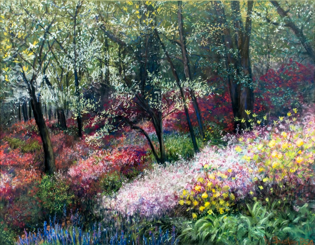 Marion Strueken Bachman (US,20C) pastel painting: ARTIST: Marion Strueken Bachman (American, 20 century) TITLE: Landscape - Springtime (titled on verso) YEAR: circa 1985 MEDIUM: pastel on paper CO