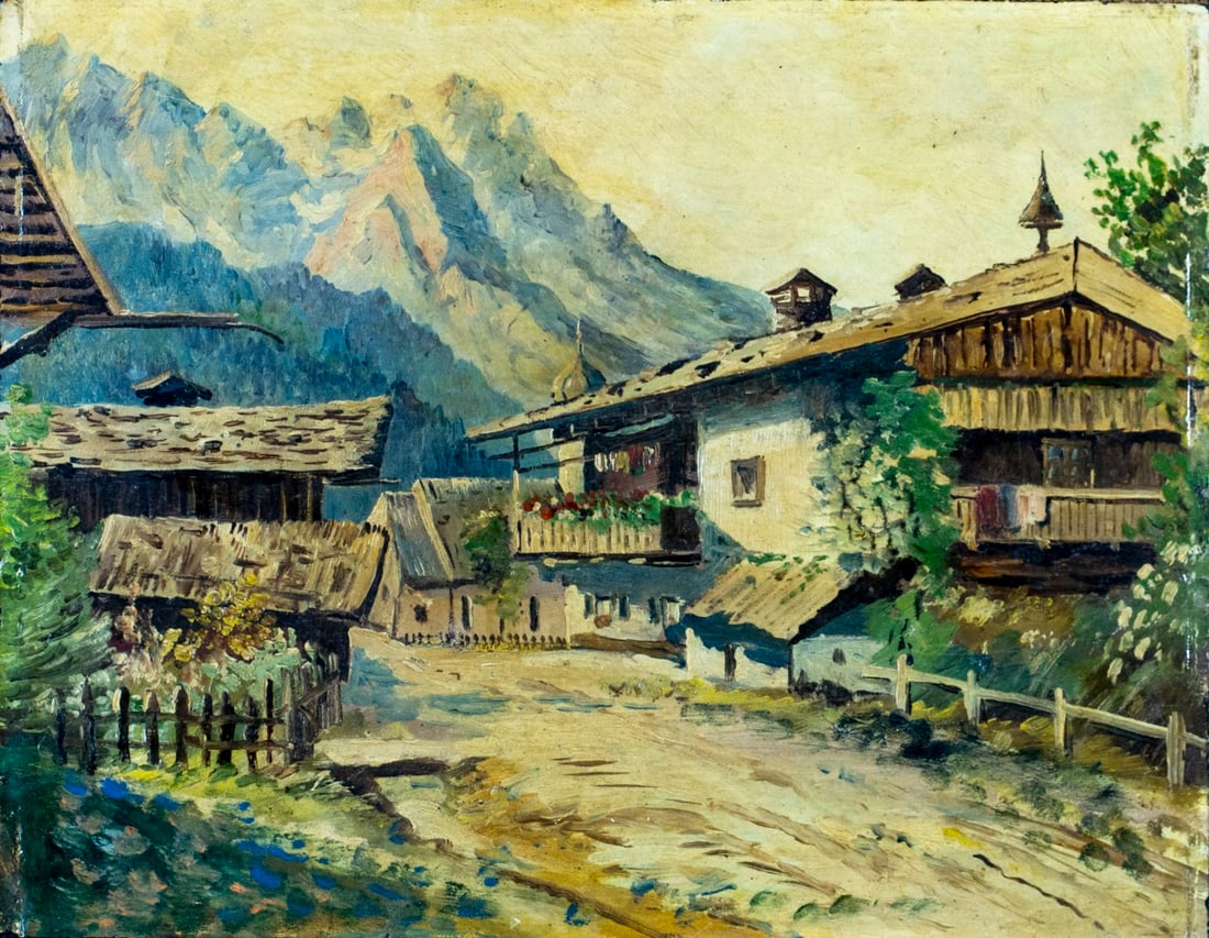 Arthur J Trippanera (NJ,mid 20C) oil painting antique: ARTIST: Arthur J Trippanera (New Jersey, mid 20 century) TITLE: Alpine Village Landscape (titled on verso) YEAR: 1939 MEDIUM: oil on board CONDITI