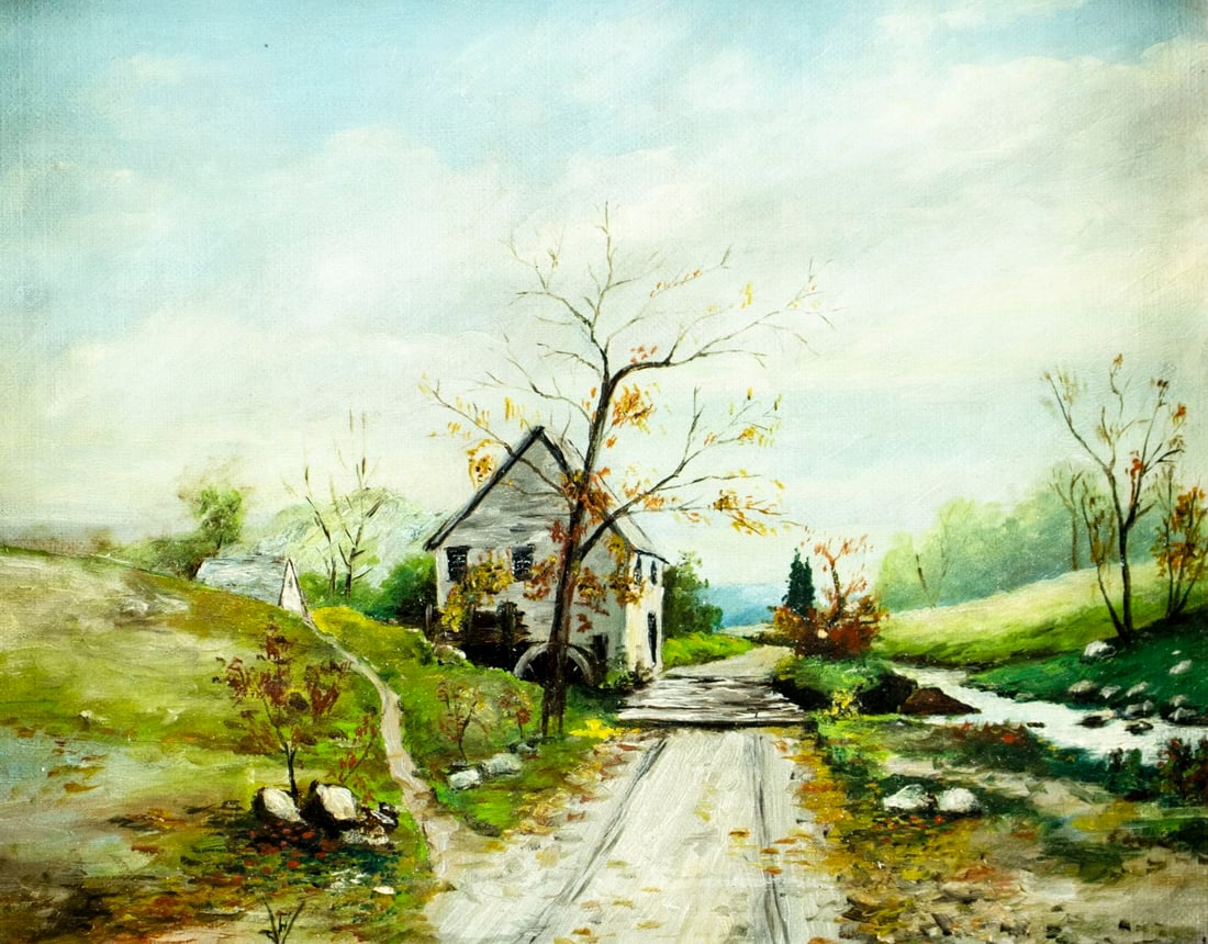 Antique early 20C oil painting: ARTIST: - (early 20 century) TITLE: Autumn Country Landscape MEDIUM: oil on canvas CONDITION: Some small paint losses mostly along the lower edge. Minor craque