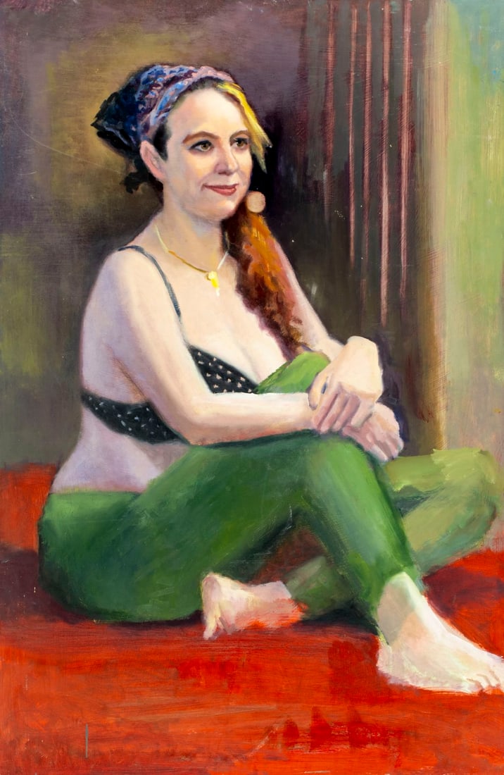 John Reilly (NY,NJ,1942-2021) oil painting: ARTIST: John Reilly (New York, New Jersey, 1942 - 2021) TITLE: Portrait of Seated Woman MEDIUM: oil on board CONDITION: Minor damages to corners. Some scratches/paint loss